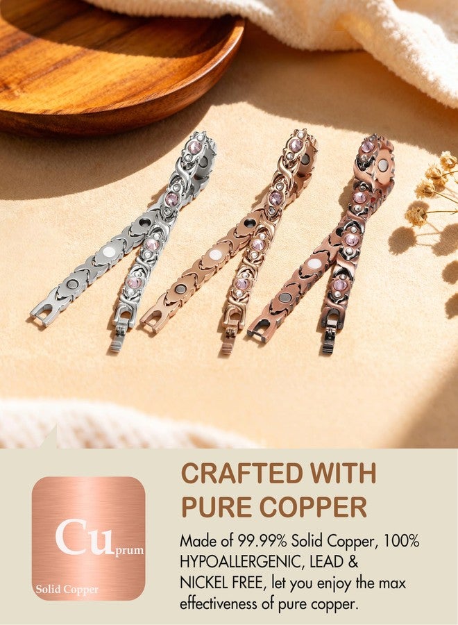 Feraco Pure Copper Bracelets for Women, 4 Elements Magnetic Bracelet with 3800 Gauss Neodymium Magnets & Dazzling Crystals, Adjustable Jewelry Gift (Rose Gold) - Image 3